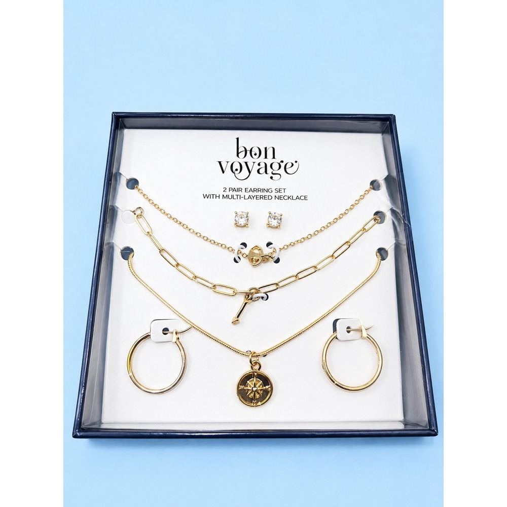 BON VOYAGE Gold Tone Layered Necklace & Two Pair Earrings Set NIB Gift Box -2897